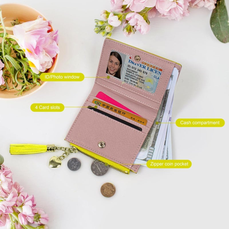 KOTORA Womens Small Wallet Girls Tiny Slim Wallets Pretty Mini Card Holder Thin Short Zip Coin Purse with Love Pendant and Tassels (Yellow) - Image 3